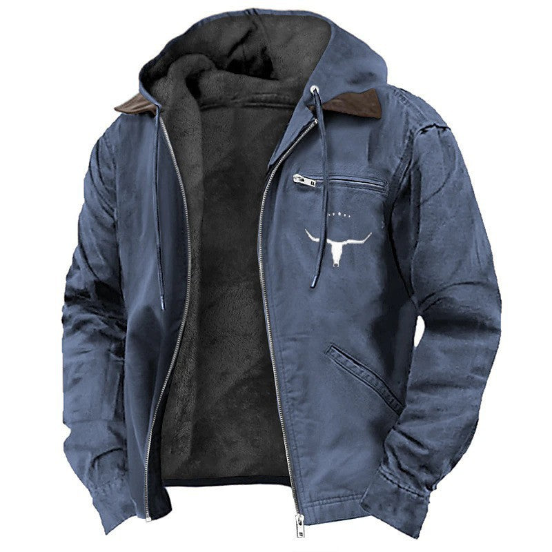 Men's Solid Fleece-Lined Hooded Jacket with Zipper Pocket