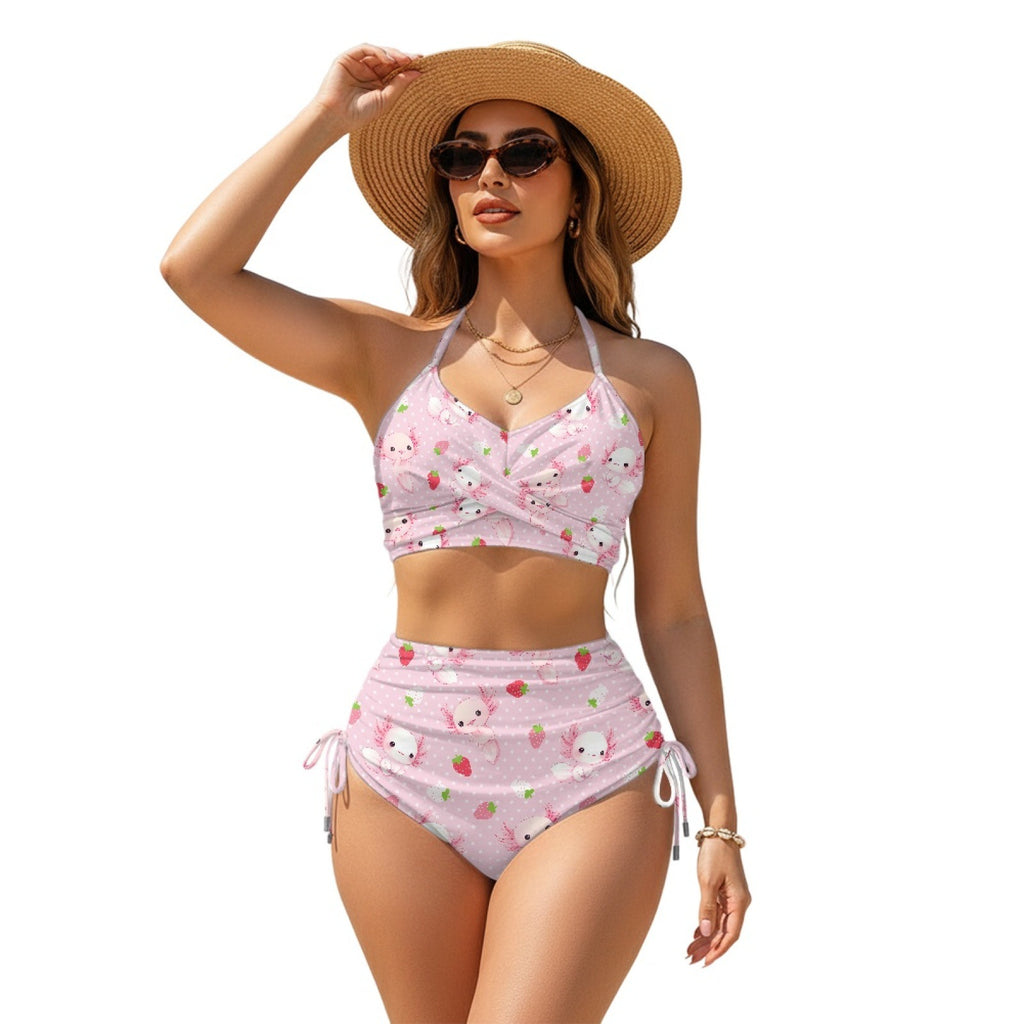 Women Sexy Animal Print High-Waist Drawstring Two-Piece Bikini Swimsuit teemdrop
