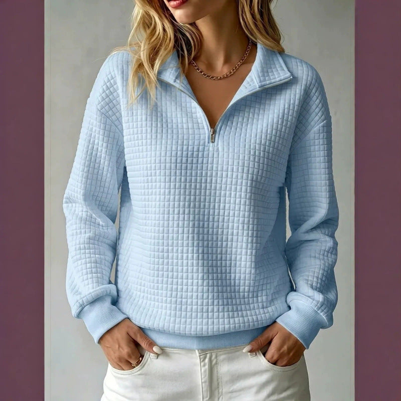 Women's Solid Color Waffle Knit Stand Collar Zipper Long Sleeve Loose Sweatshirt teemdrop