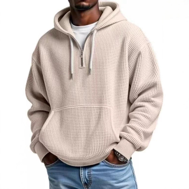 Mens Heavyweight Full-Zip Waffle Hooded Sweatshirt Long Sleeve Solid Color Casual Jacket teemdrop
