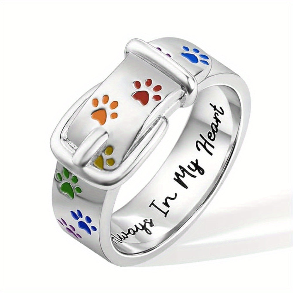 Silver-Tone Alloy Ring for Women with Rainbow Inlay and Dog Print