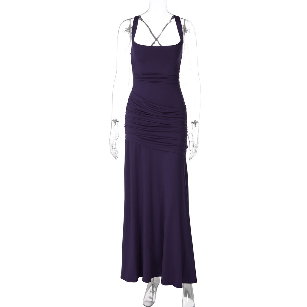 Women's Sleeveless Solid Color Bodycon Maxi Dress with Back Tie teemdrop