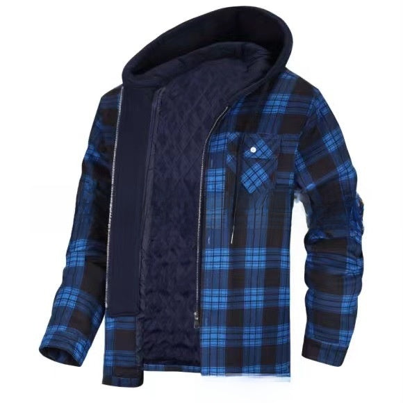 Autumn and Winter Cotton Outwear Plaid Long-Sleeved Loose Hooded Jacket teemdrop