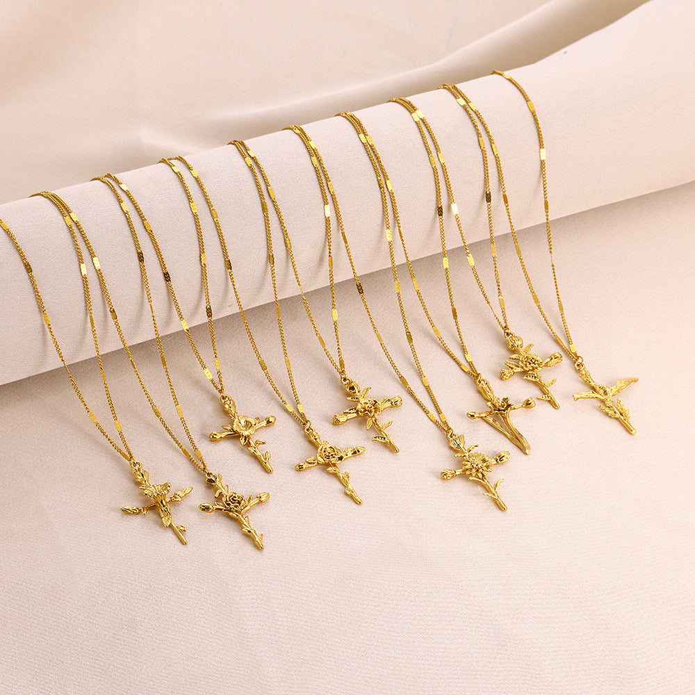 Gold Plated 3D Flower Cross Neckla teemdrop