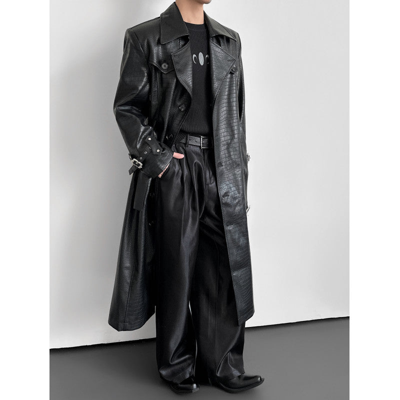 Men's Crocodile Embossed Leather Trench Coat Long Slim Fit Black teemdrop