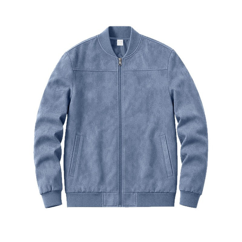 Men's Solid Suede Fleece Baseball Collar Bomber Jacket teemdrop