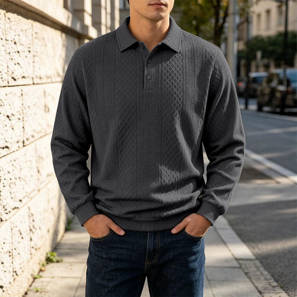 Men's Jacquard Knit Polo Sweatshirt Long Sleeve Turn-Down Collar Loose Fit Top teemdrop