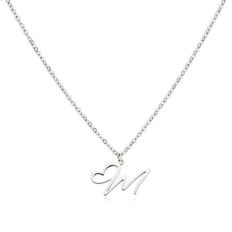 Stainless Steel Heart Initial Letter Pendant Necklace for Women