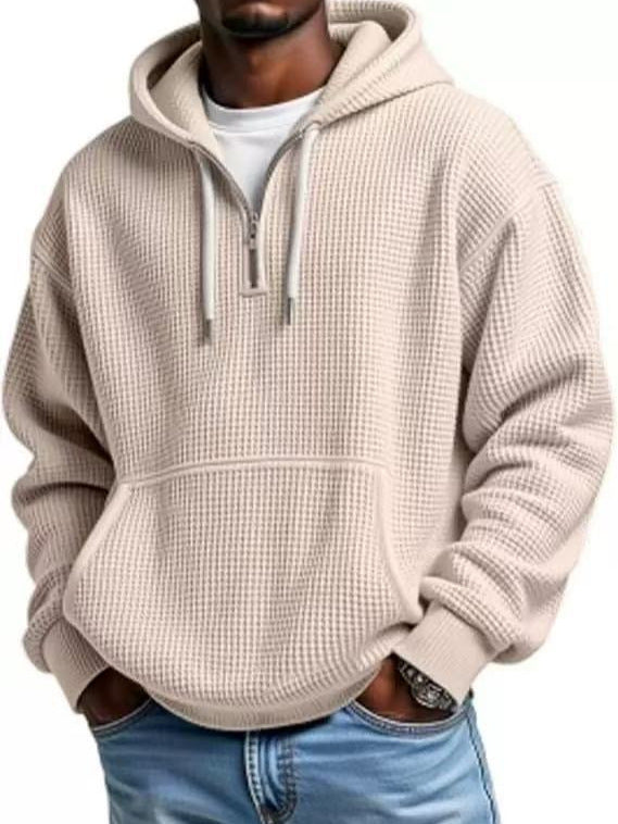 Mens Heavyweight Full-Zip Waffle Hooded Sweatshirt Long Sleeve Solid Color Casual Jacket teemdrop