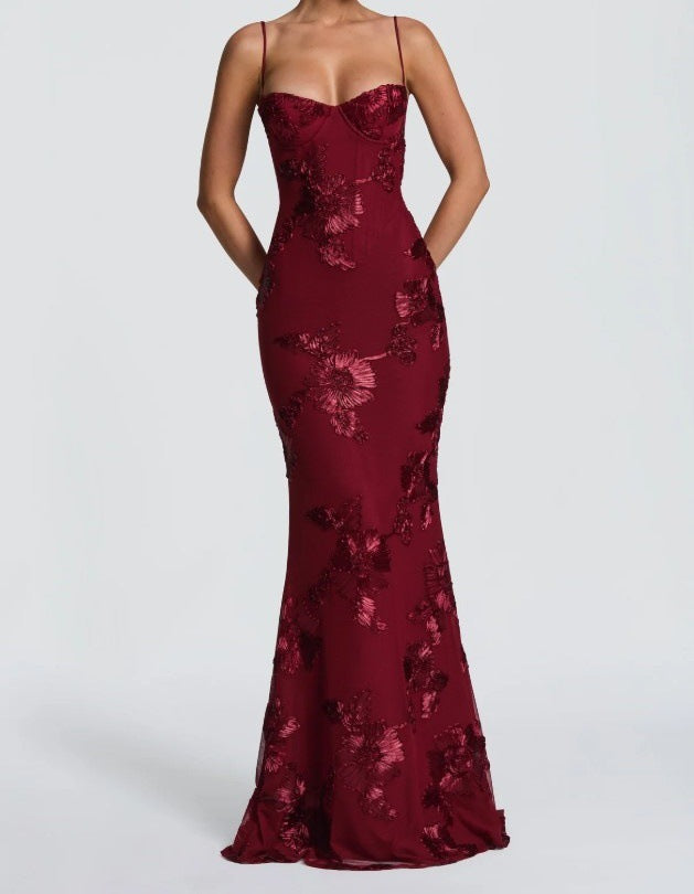 Elegant Backless Jacquard Evening Gown
