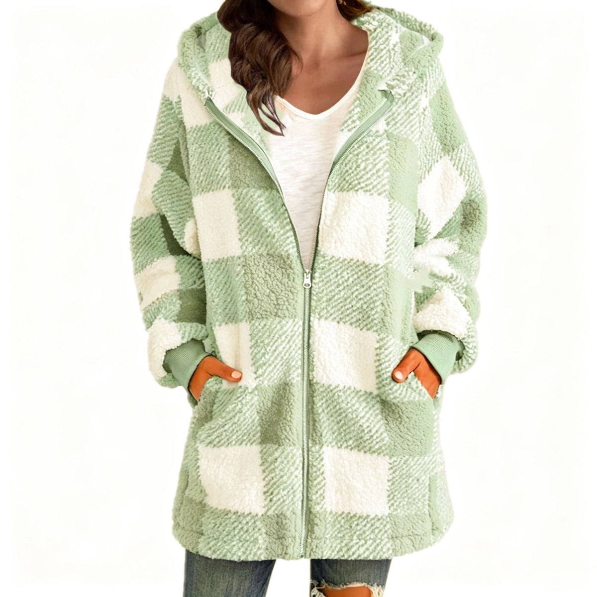 Women's Plush Long Sleeve Plaid Hooded Zip-Up Loose Coat