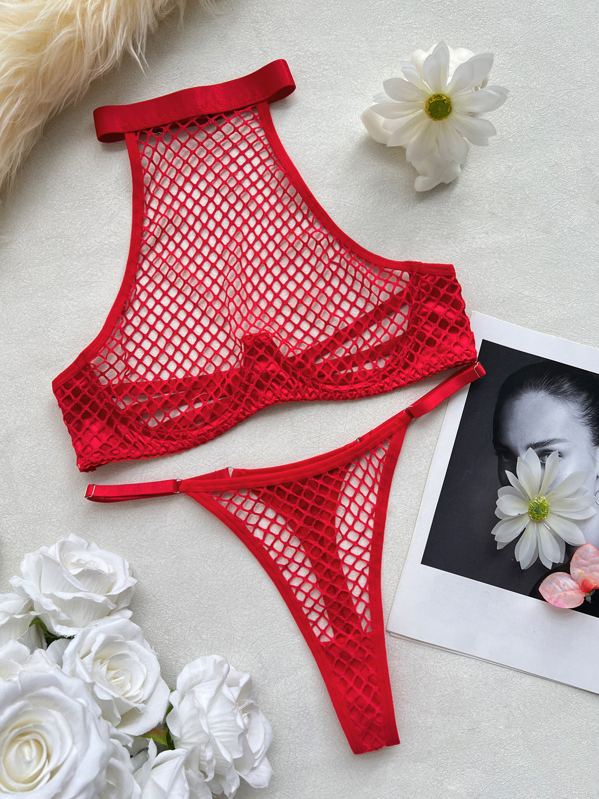 Women's Fishnet Halter Ultra-Thin Mesh Bodysuit Lingerie Set