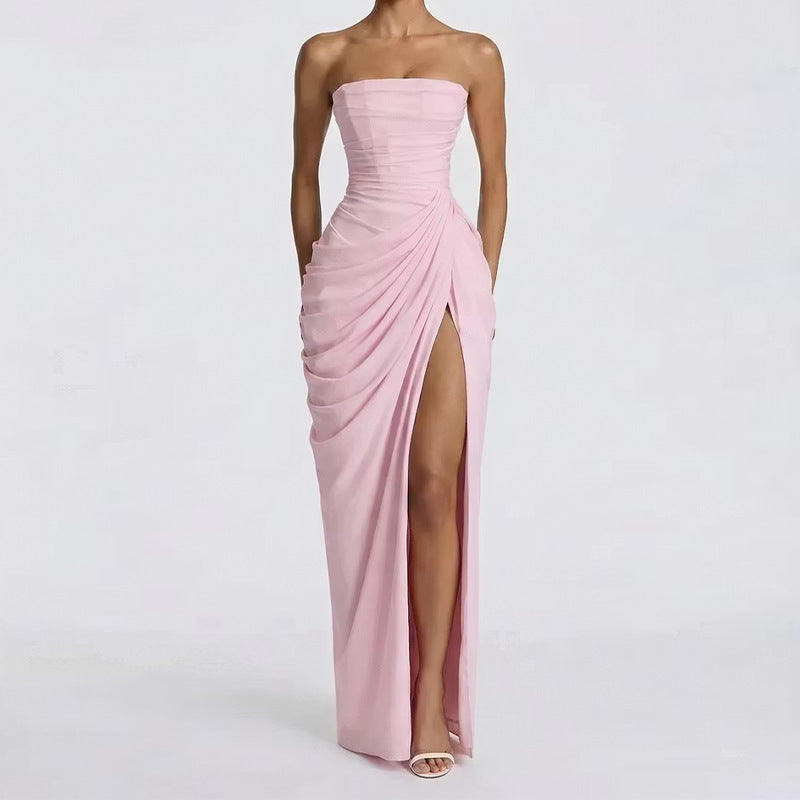 Women's Fashion Off-Shoulder Tube Top Solid Color Slit Fashionable Sexy Backless Evening Dress teemdrop