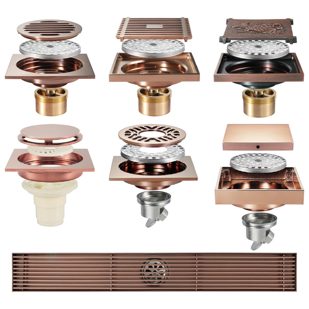 Rose Gold Copper Anti-Odor Concealed Tile Insert Square Linear Floor Drain teemdrop