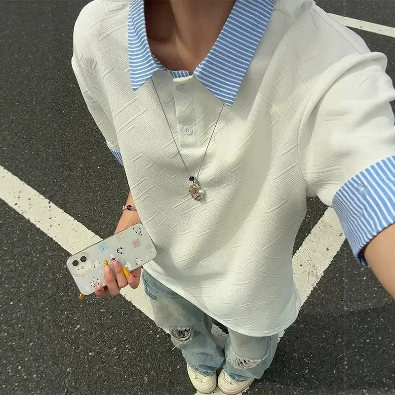 Men's Plaid Patchwork Short Sleeve Polo Shirt Casual Loose Fit Summer Top teemdrop