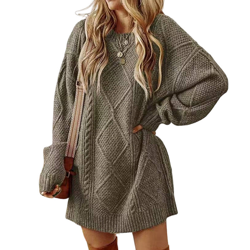Women's Arctic Velvet Twist Pattern Mid-Length Loose Pullover Sweater teemdrop