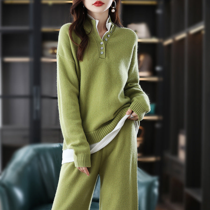 Women's Wool Knit Two-Piece Set Loose Sweatshirt Wide-Leg Pants Casual Suit teemdrop