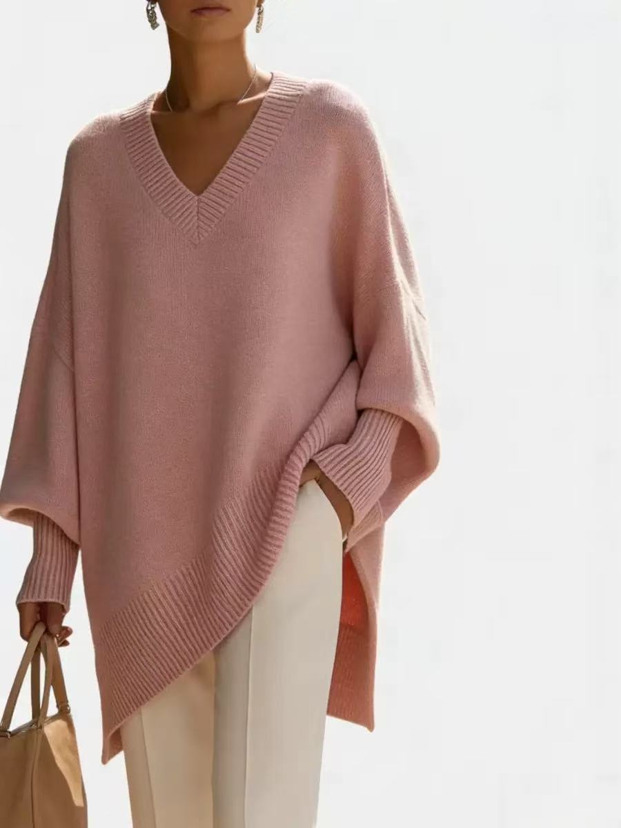 Solid-color long-sleeved V-neck relaxed style sweater for women, loose knitted top teemdrop