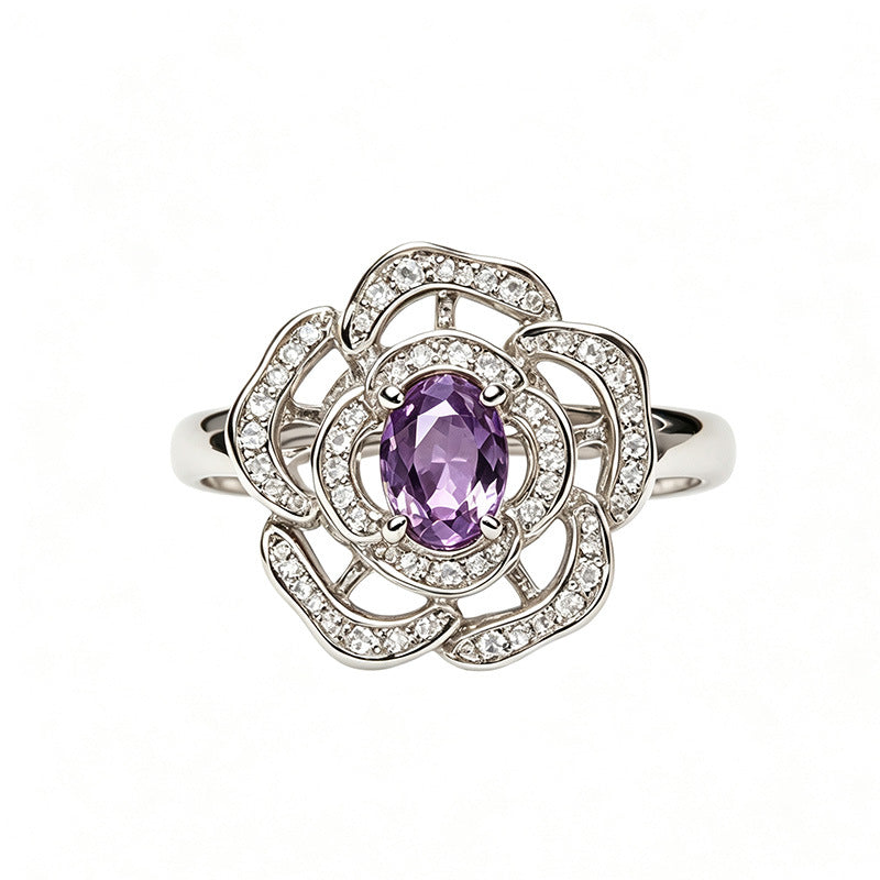Silver Natural Birthstone Flower Vintage Adjustable Ring