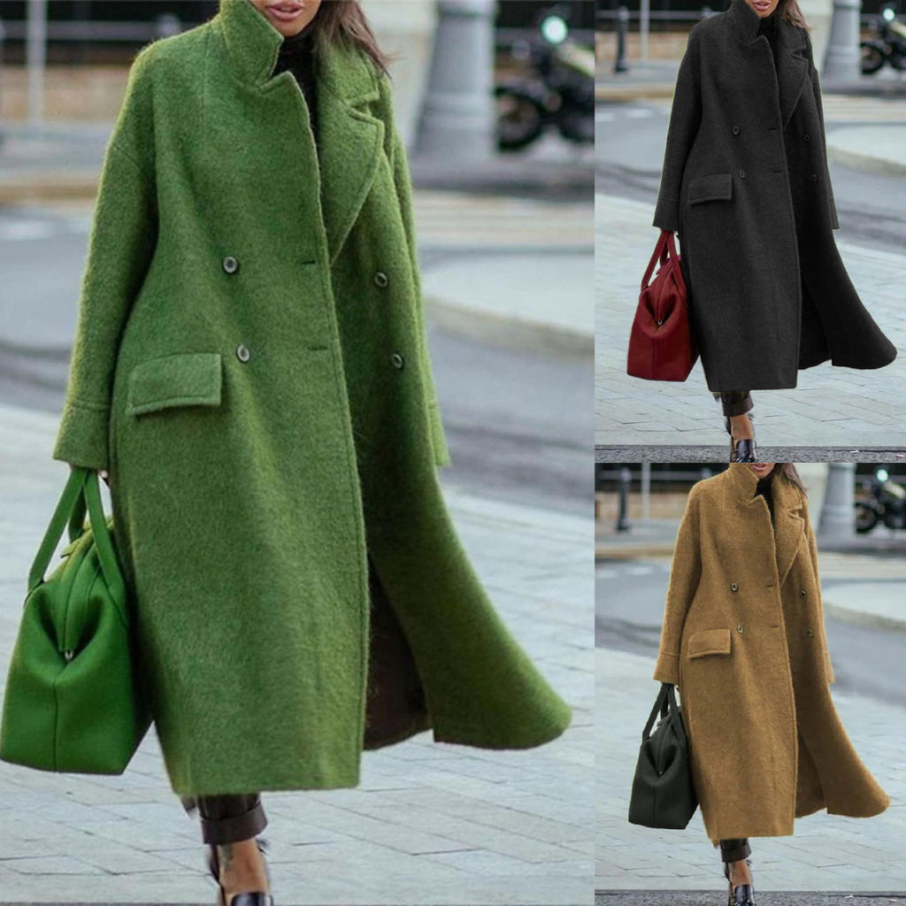 European and American Long Woolen Coat for Autumn and Winter Solid Color Elegant Commuter Wool Green Coat with Belt-Free Lapel