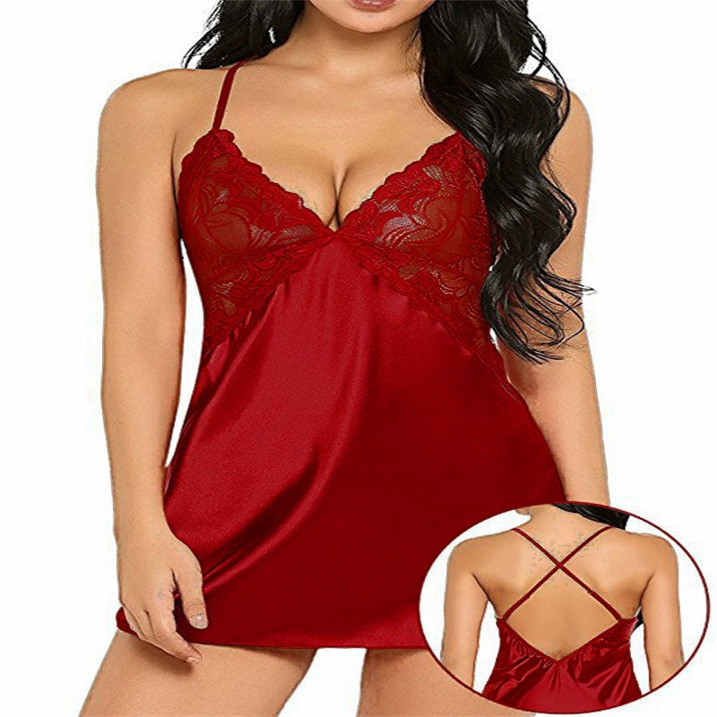 Women's Imitation Ice Silk Cross-Back Suspender Lingerie Nightdress