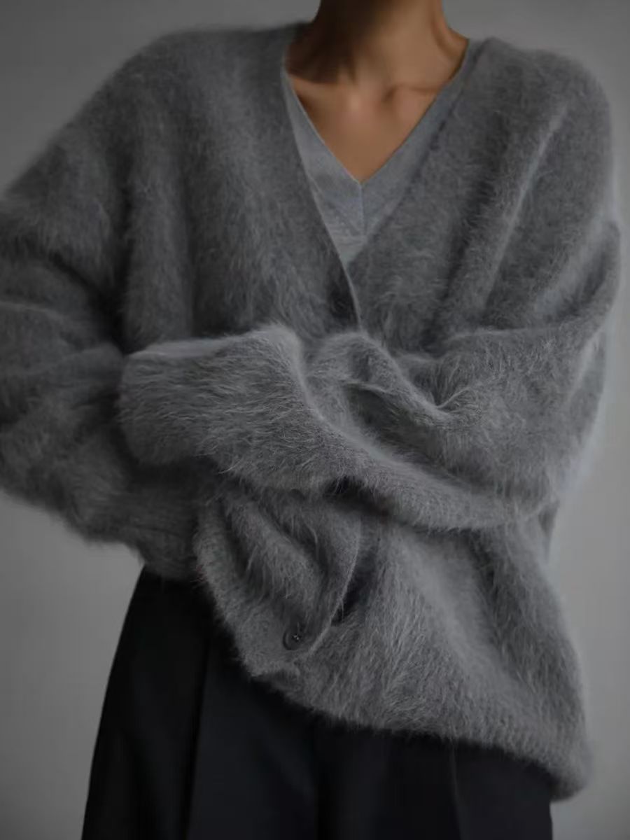 Women's Faux Fur Knitted Cardigan V-Neck Loose Long Sleeve Outerwear teemdrop