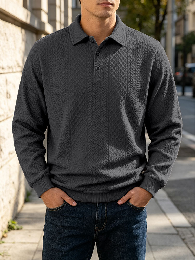 Men's Jacquard Knit Polo Sweatshirt Long Sleeve Turn-Down Collar Loose Fit Top teemdrop