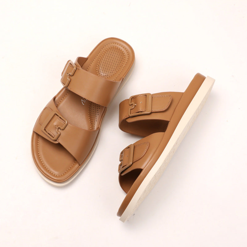 Women Casual Buckle Decor Open Toe Flat Slip-On Thick Sole Outdoor Slippers teemdrop