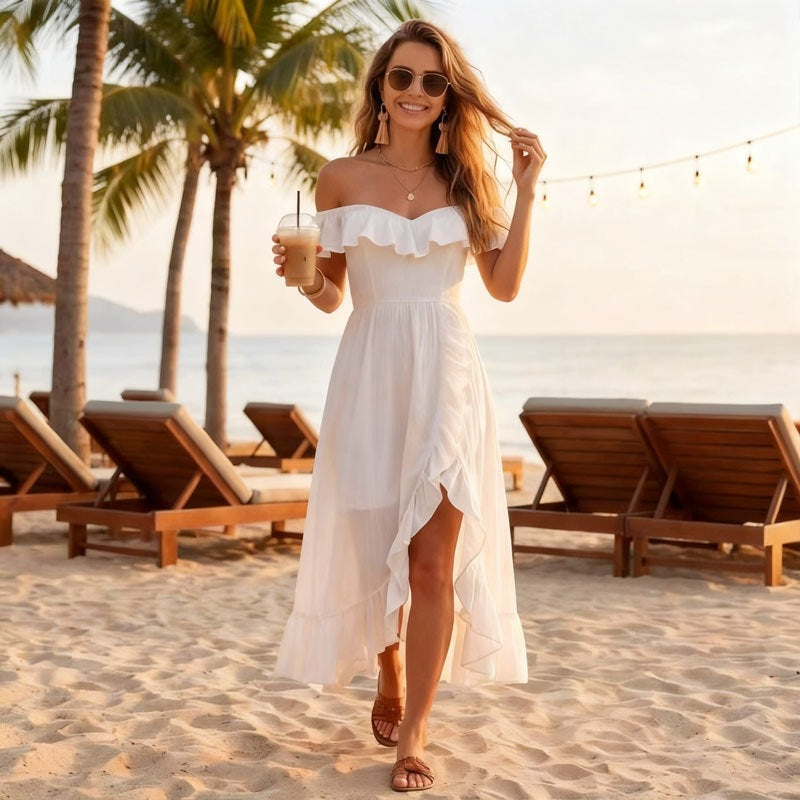 Women's Sleeveless V-Neck Ruffle Long Dress with Slit teemdrop