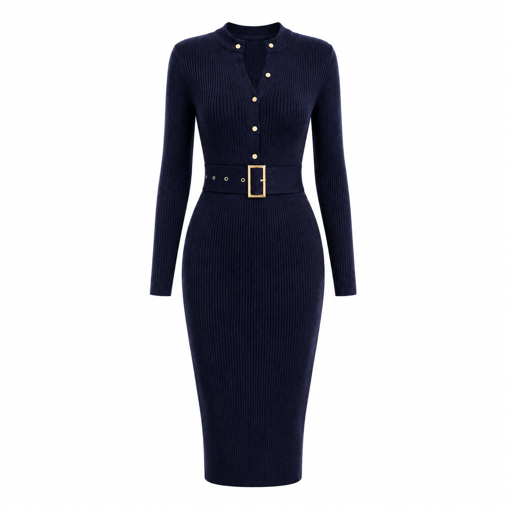 Elegant Bodycon Knitted Ribbed Midi Dress with Belt teemdrop