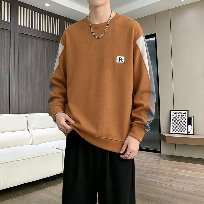 Men's Casual Patchwork Letter Embroidery Round Neck Loose Pullover Sweatshirt