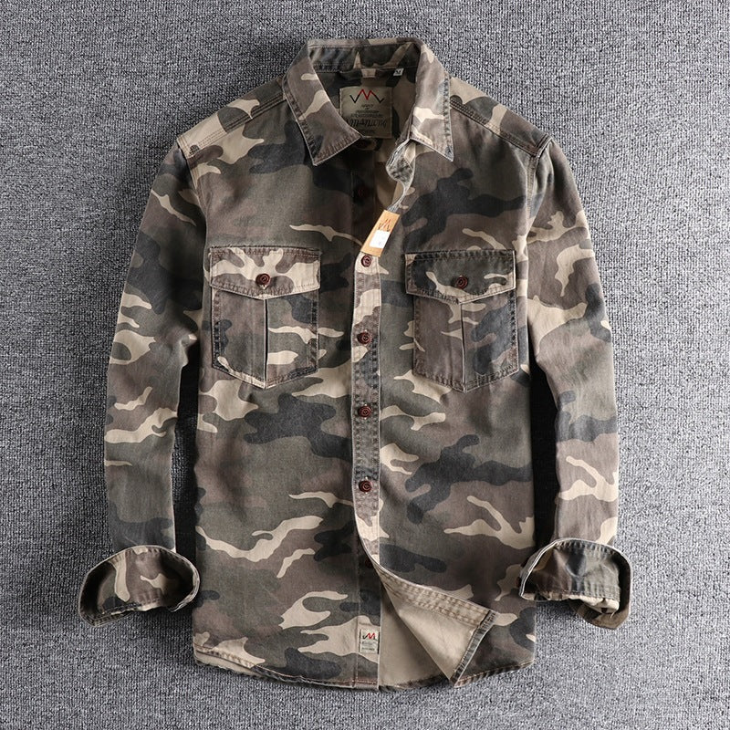 Men's Washed Camouflage Long-Sleeve Cotton Workwear Shirt teemdrop