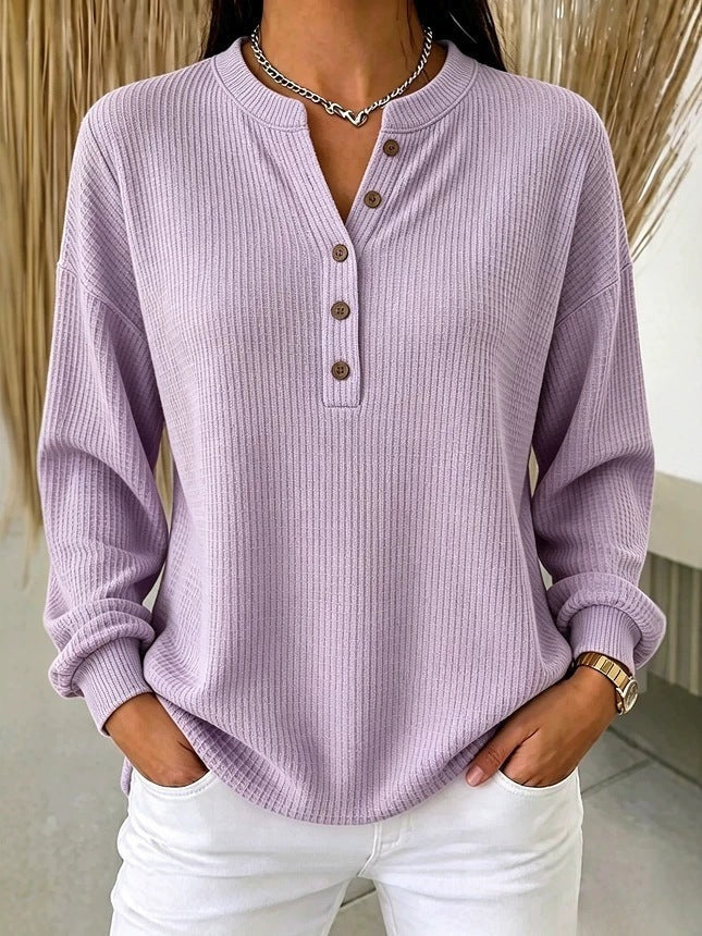 Women's Ribbed Knit Half-Button Henley Long Sleeve T-Shirt teemdrop