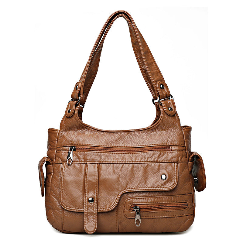 Women's Washed PU Leather Shoulder Bag Casual Lightweight Handbag teemdrop