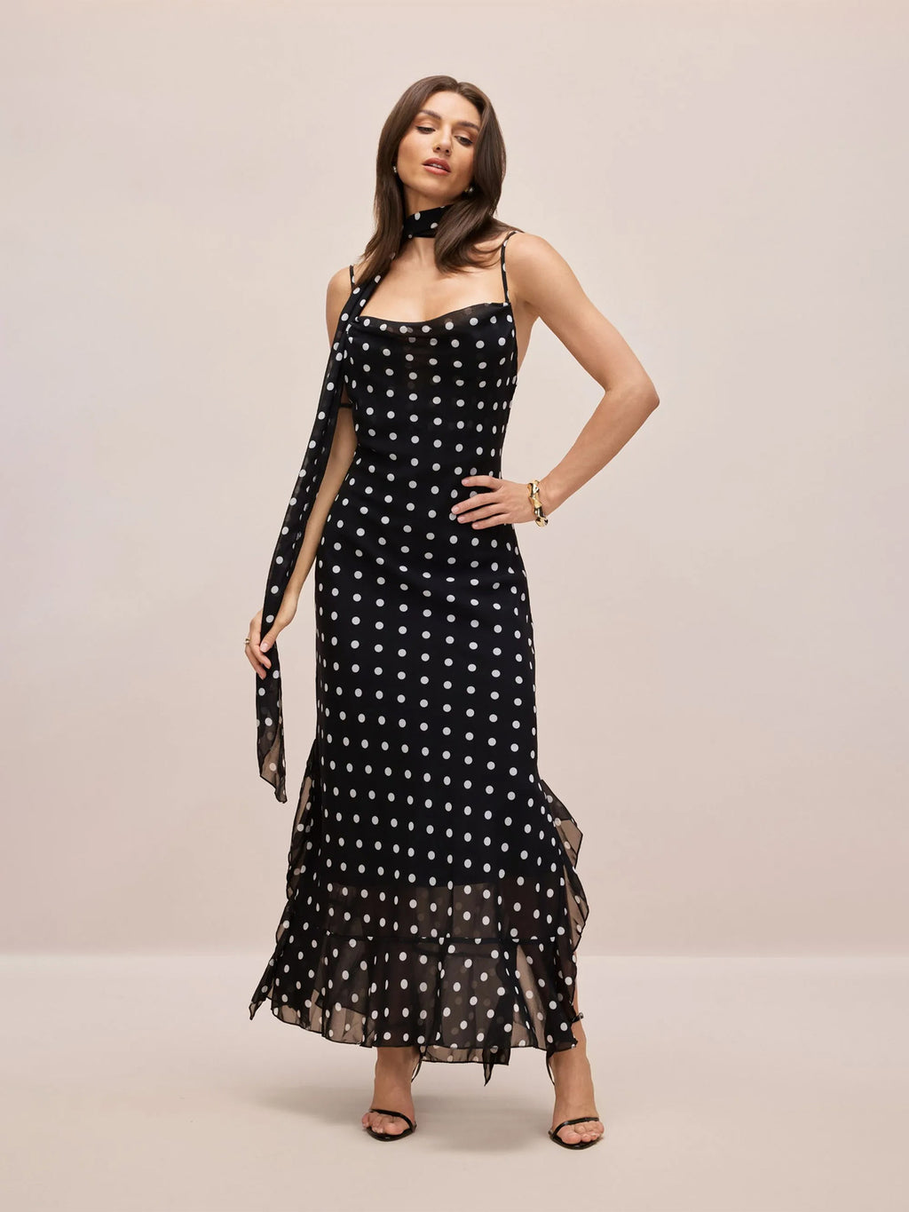 Women's Retro Polka Dot Ribbon Strap Slim Fit Long Dress teemdrop