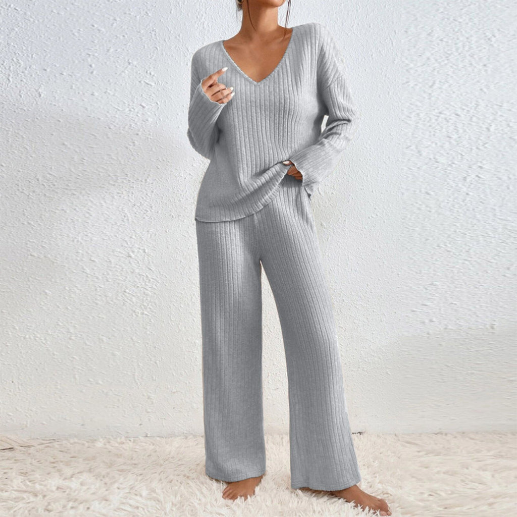 Women V-Neck Loose Ribbed Knit Long Sleeve Top Suit Set teemdrop