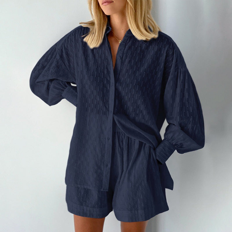 Women's Jacquard Puff Sleeve Shirt and Shorts Two-Piece Set teemdrop