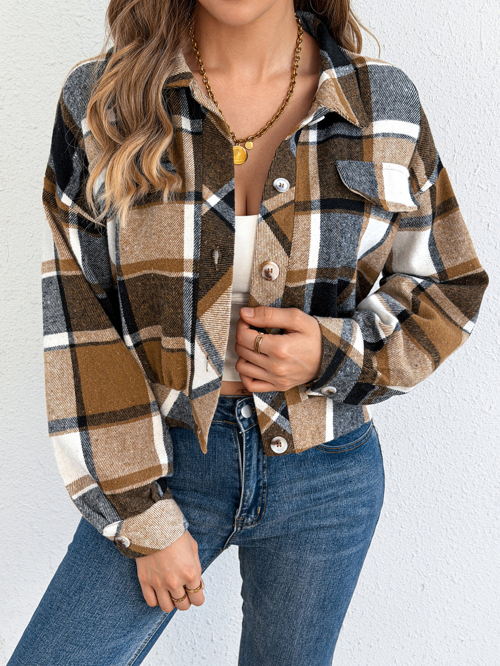 Women's Plaid Long Sleeve Lapel Woolen Jacket with Button Closure teemdrop