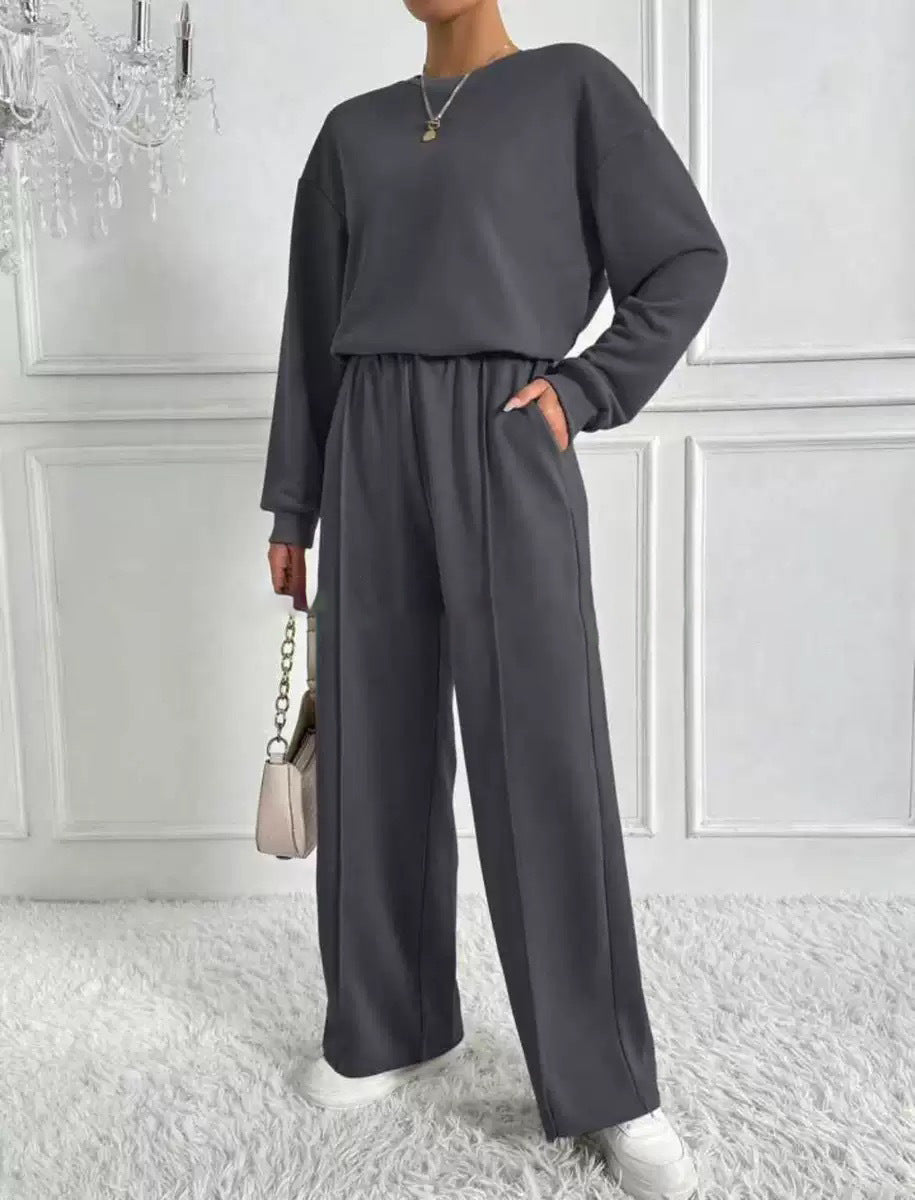 Women's Solid Color Round Neck Long Sleeve Pants Suit Casual Two-Piece Set teemdrop