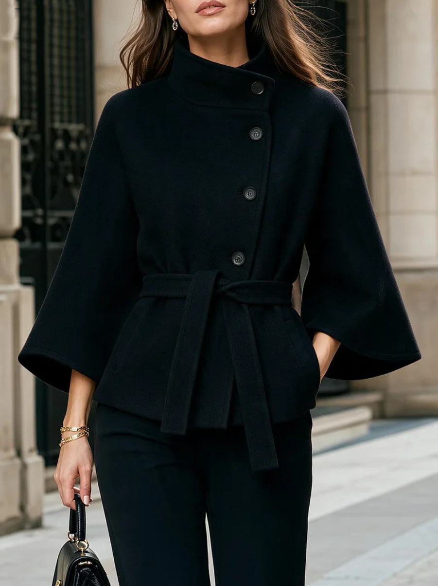 Women's Stand Collar Flared Sleeve Alpaca Wool Blend Coat teemdrop