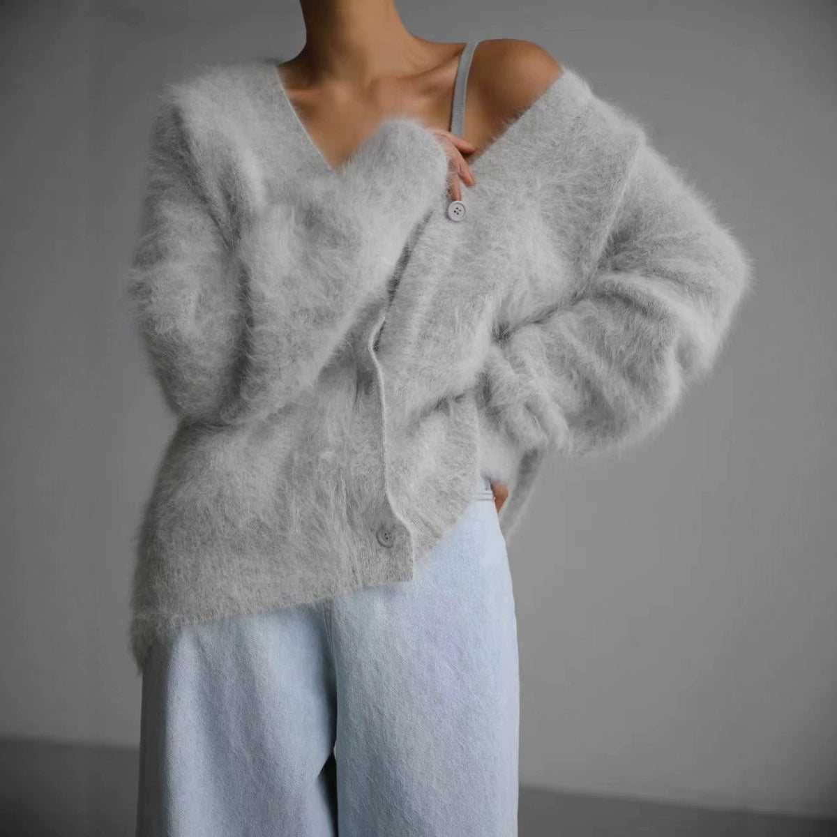 Women's Faux Fur Knitted Cardigan V-Neck Loose Long Sleeve Outerwear teemdrop
