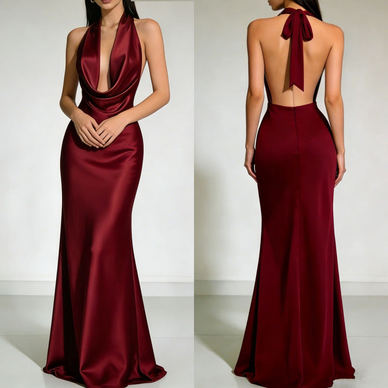 Women's Satin Halter Neck Backless Floor Length Evening Dress teemdrop
