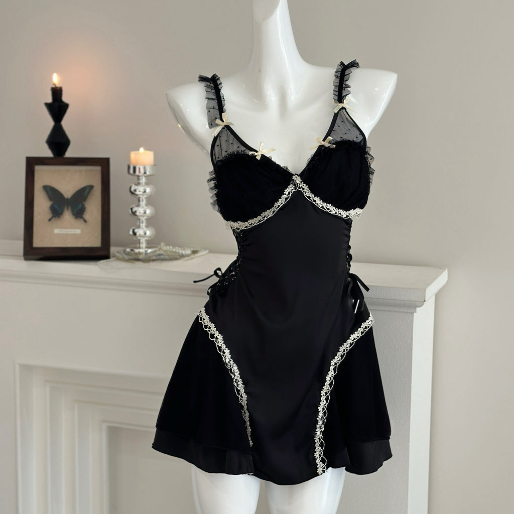 Women's Sexy Backless Mesh Lace Nightgown and Robe Set with Chest Pads teemdrop