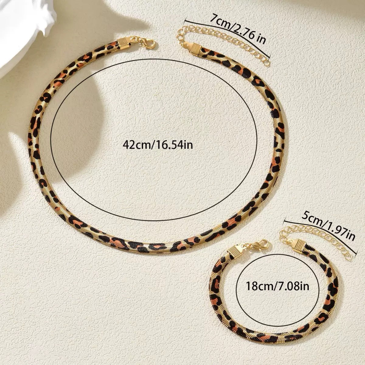 Leopard Print Snake Bone Chain Necklace and Bracelet Jewelry Set