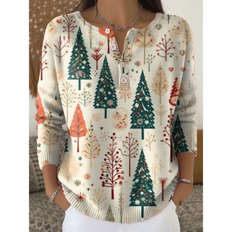 Women Retro Christmas 3D Print Four-Button Stand-Up Collar Long Sleeve T-Shirt teemdrop