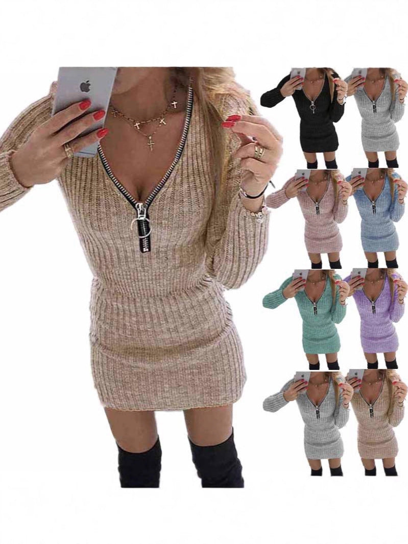 Women's Zipper Long Sleeve Knitted Pencil Mini Dress teemdrop