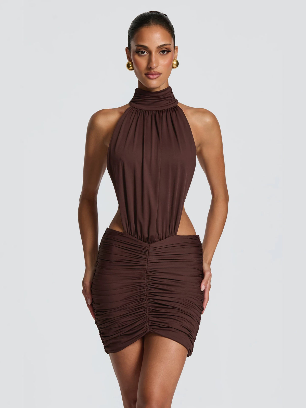 Women's Halter Neck Cut-Out Ruched Bodycon Mini Dress Sleeveless teemdrop