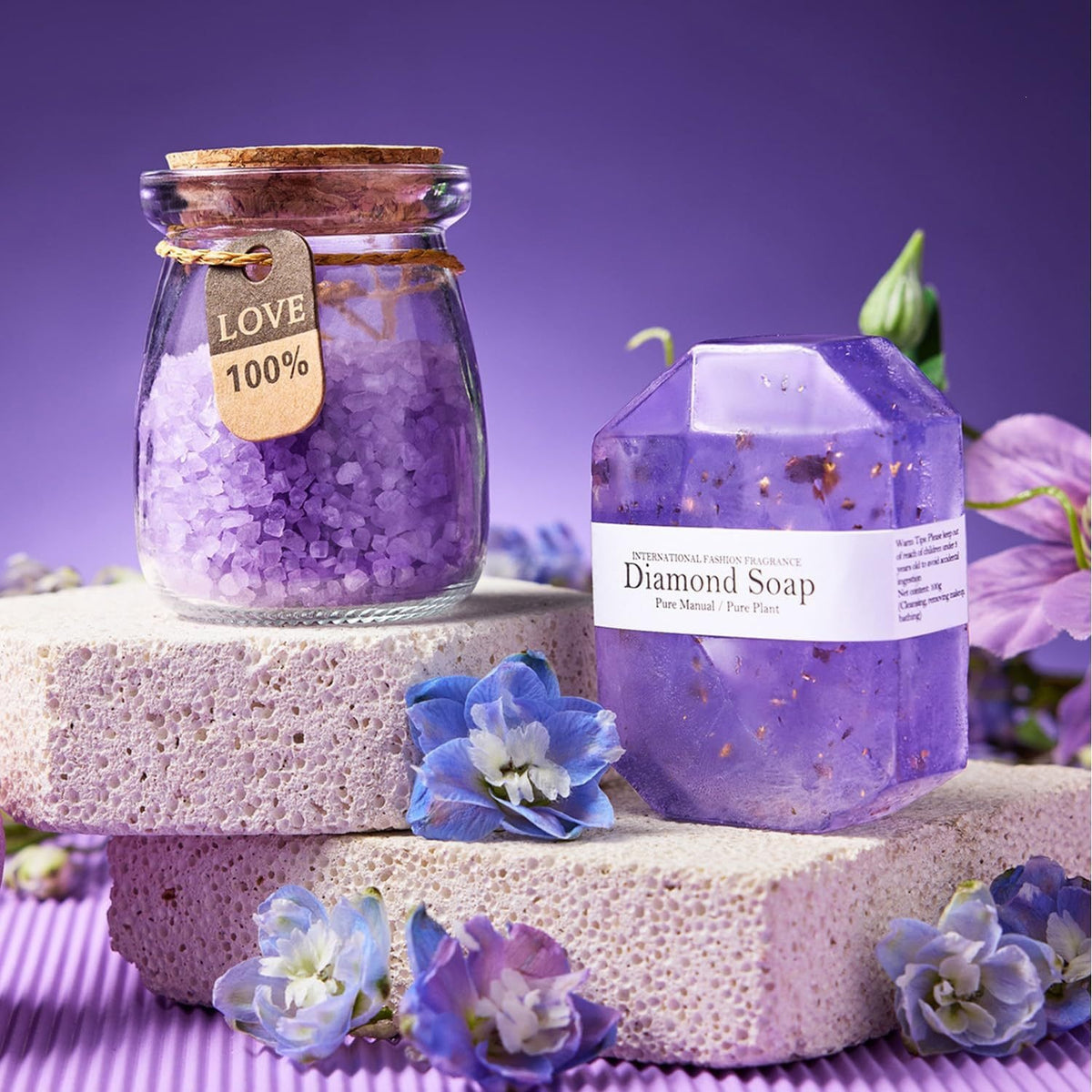 Purple Lavender Scented Soy Candle Bath Gift Set