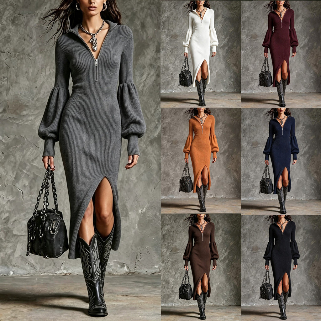 Womens Stand Collar Lantern Sleeve Knit Dress