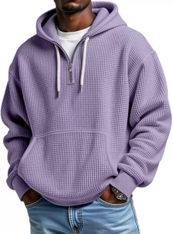 Men?s Heavyweight Waffle Knit Zip-Up Hooded Long Sleeve Loose Fit Casual Sweatshirt teemdrop